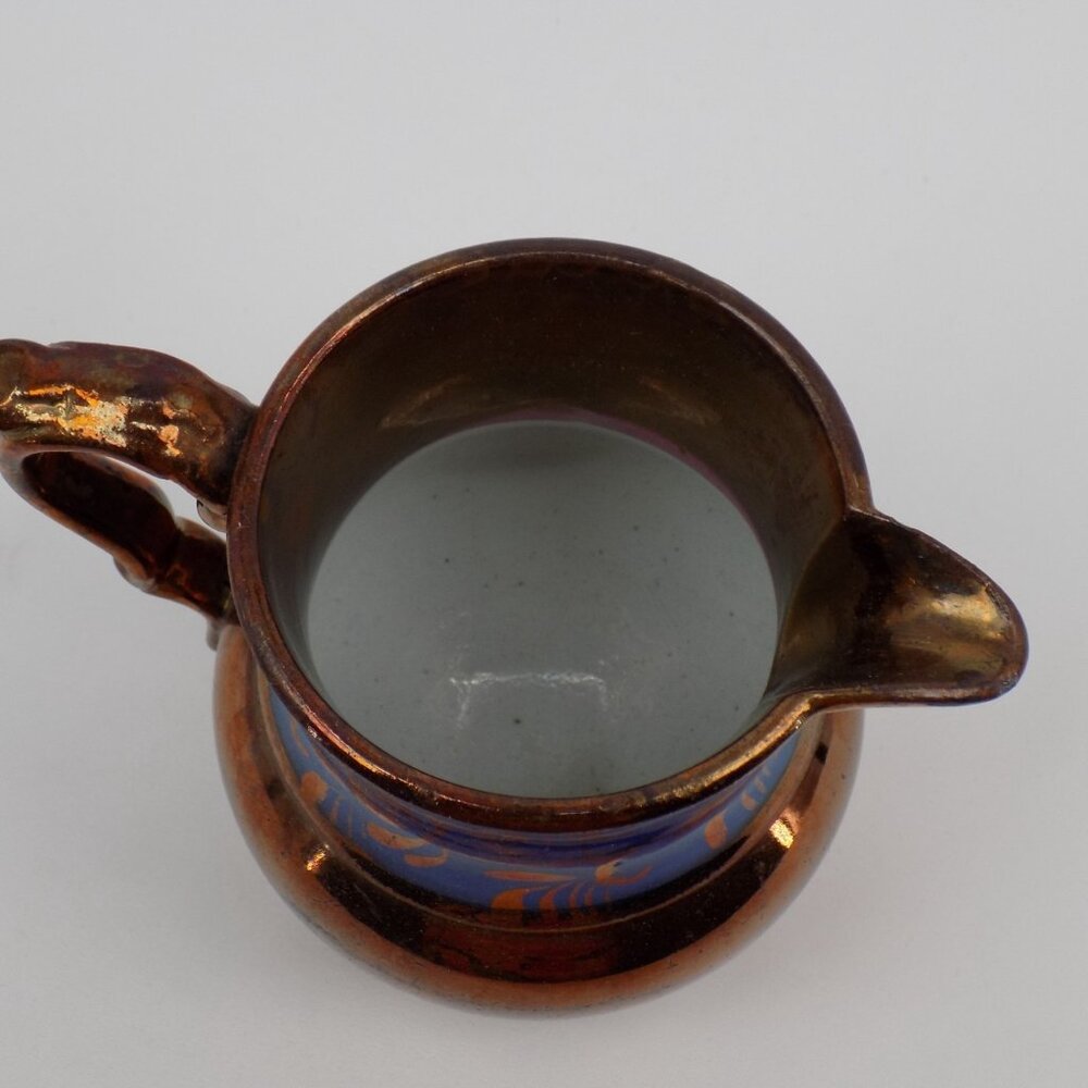 Antique Staffordshire Copper Lustreware Creamer Handpainted Blue Band 4.37" tall - Picture 5 of 7
